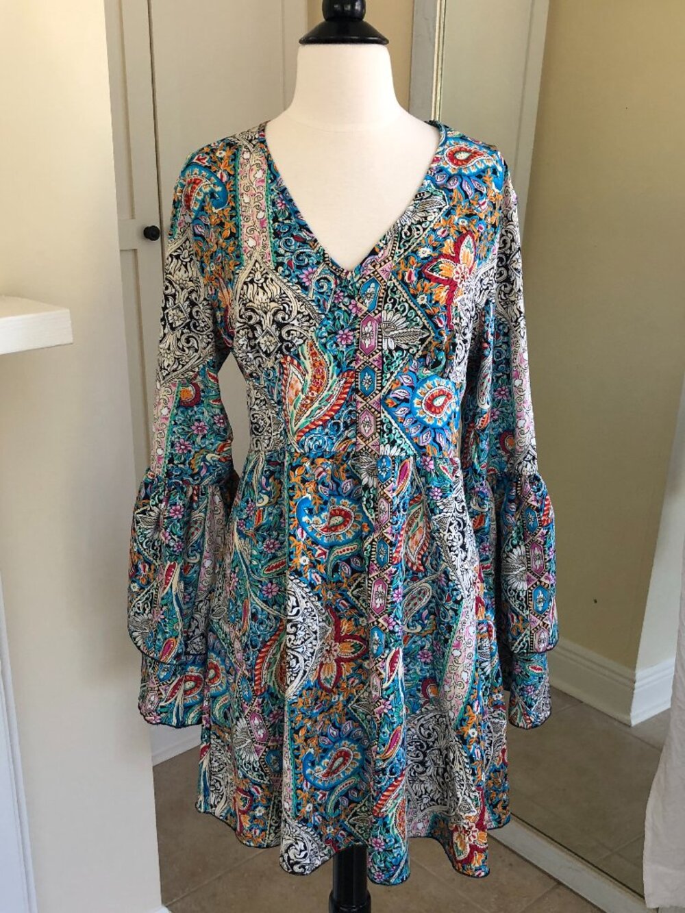 NWOT Peacock Feather Dress Small Ruched Bishop Sleeve Dark Romantic Boho Chic